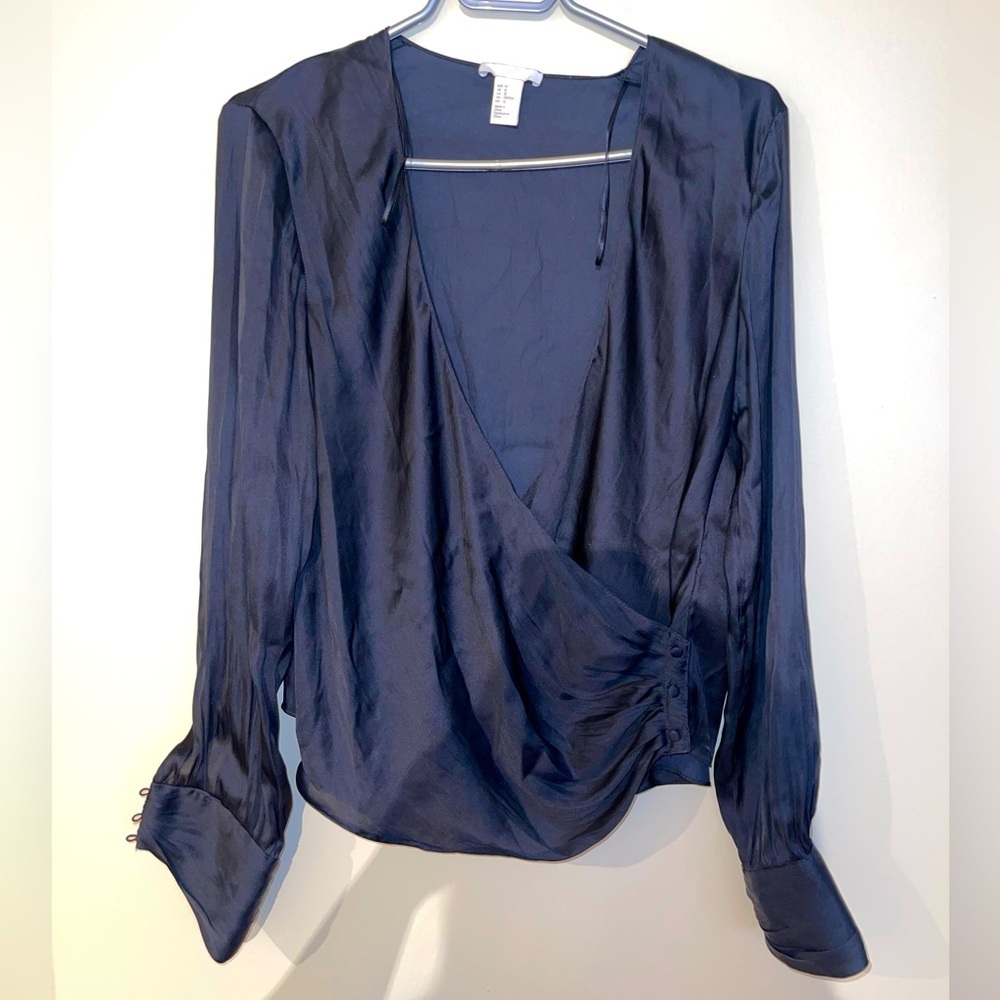 H&M  Satin Deep V Neck Wrap Black Blouse Top Women Size 12 US
